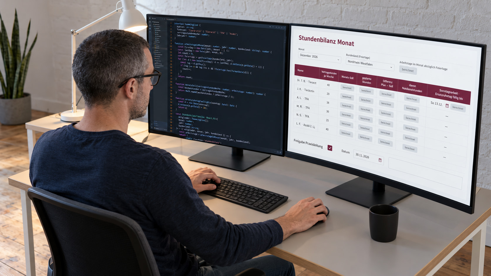 Softwareentwickler mit Brille programmiert den Monatsarbeitsplan, rechts die Stundenbilanz Monat mit Vertragsstunden je Teammitglied, berechneten Spalten für Monats-Soll und Differenz und der Freigabe durch die Praxisleitung, links der TypeScript-Code