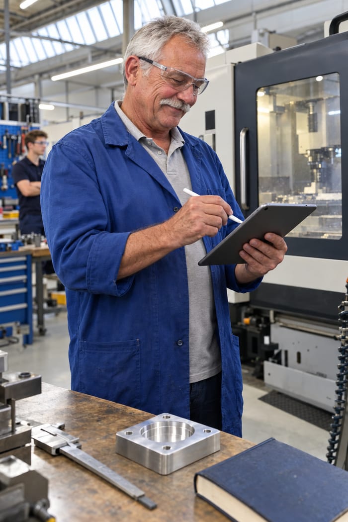 Ausbilder Zerspanung mit weißem Schnurrbart, Schutzbrille und königsblauem Arbeitskittel tippt in der Ausbildungswerkstatt lächelnd mit dem Stift auf sein Tablet, hinter ihm eine CNC-Fräse mit geschlossener Schutztür, auf der Werkbank ein gefräster Lagerdeckel, Messschieber und Tabellenbuch, im Hintergrund ein Azubi mit Schutzbrille