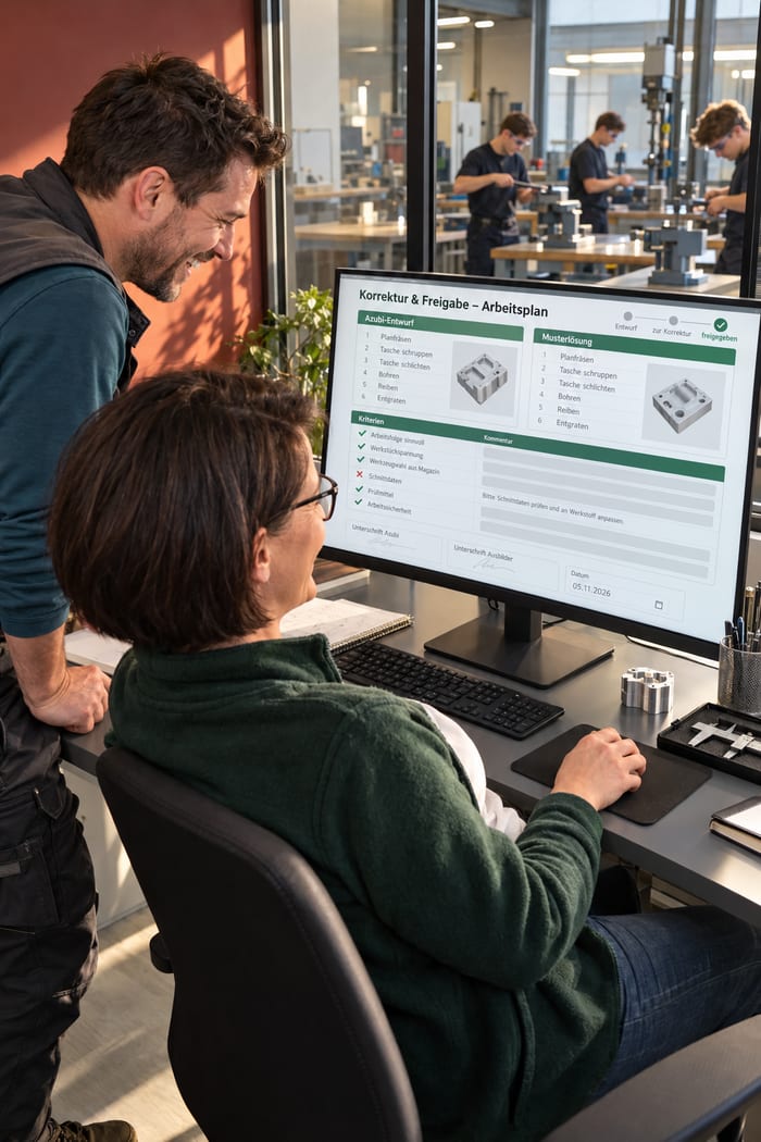 Ausbildungsleiterin in grüner Fleecejacke und Zerspanungsausbilder freuen sich im Ausbilderbüro über den freigegebenen Arbeitsplan mit Azubi-Entwurf, Musterlösung und Bewertungskriterien am Monitor, hinter der Glaswand Azubis mit Schutzbrillen an Werkbänken mit Schraubstöcken