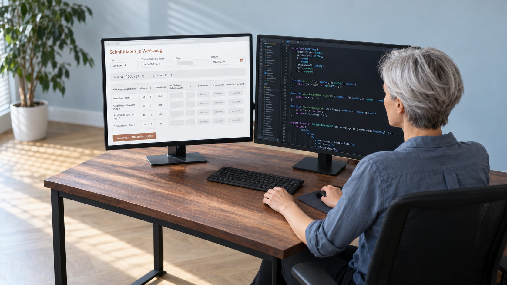 Softwareentwicklerin mit silbergrauem Kurzhaar programmiert das Arbeitsplan-Muster, links das Schnittdatenblatt je Werkzeug mit den Formeln für Drehzahl und Vorschub, Magazinplätzen und berechneten Spalten, rechts der TypeScript-Code mit Funktionen für Drehzahl, Vorschubgeschwindigkeit und Hauptnutzungszeit