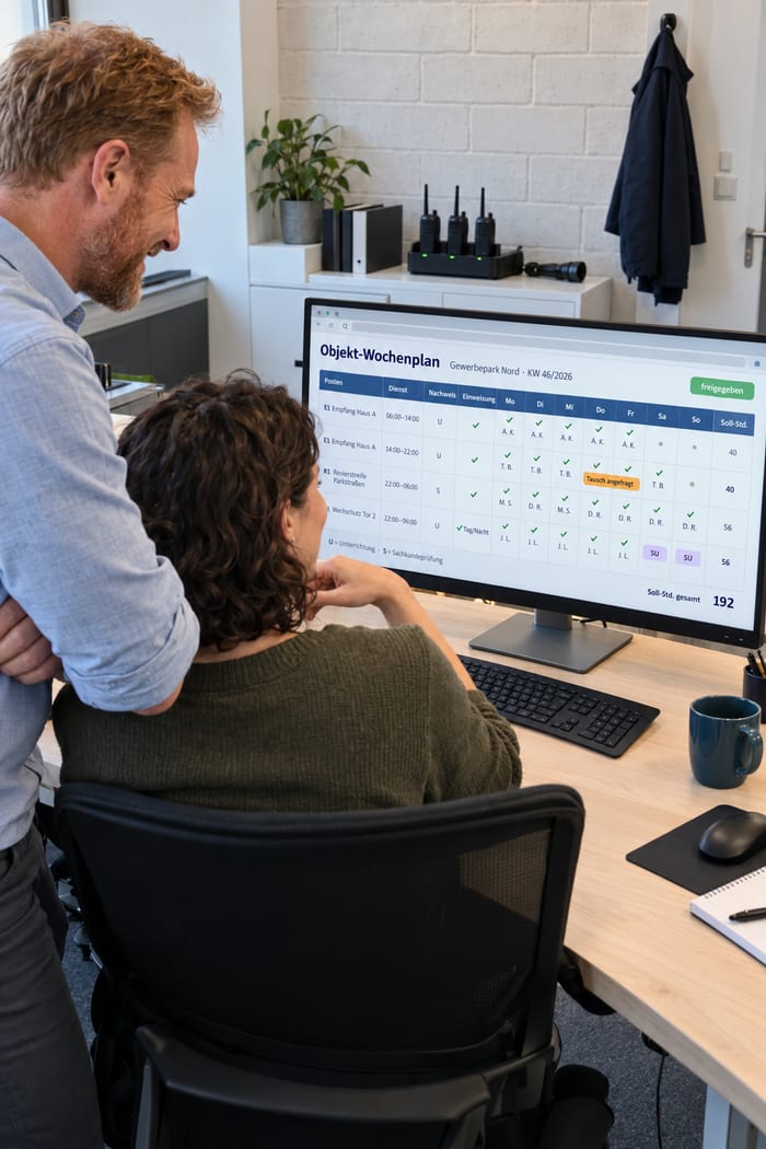 Einsatzleiter und Disponentin eines Sicherheitsdienstes vor dem freigegebenen Objekt-Wochenplan im Arbeitsplan online, im Regal die Ladestation mit Funkgeräten