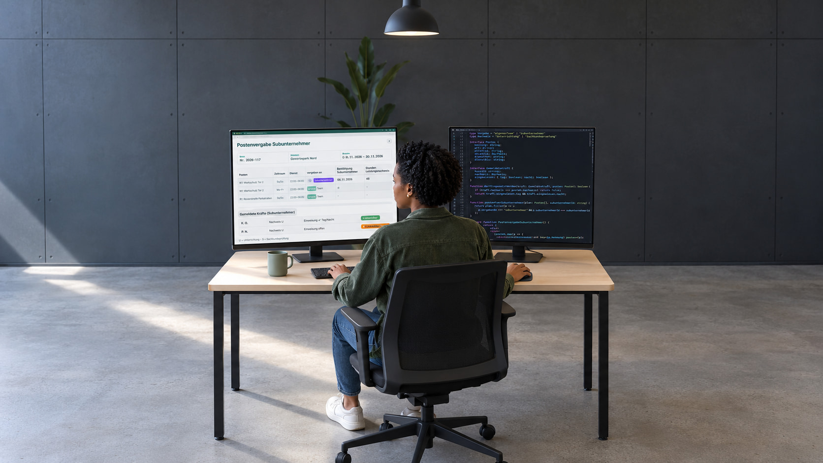 Softwareentwicklerin programmiert den Arbeitsplan online, auf dem einen Monitor die Postenvergabe an Subunternehmer, auf dem anderen der Code