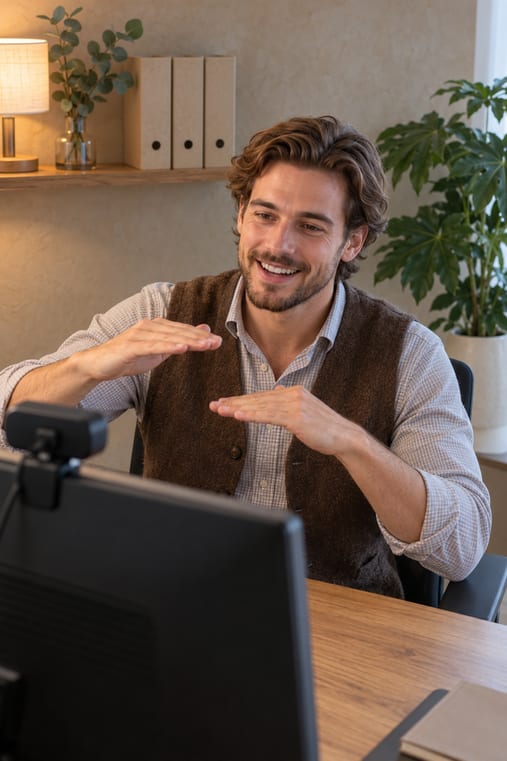 Formilo-Berater erklärt im Videocall mit beiden Händen, wie das Arbeitsplan-Programm für einen Kita-Träger Stufe für Stufe entsteht