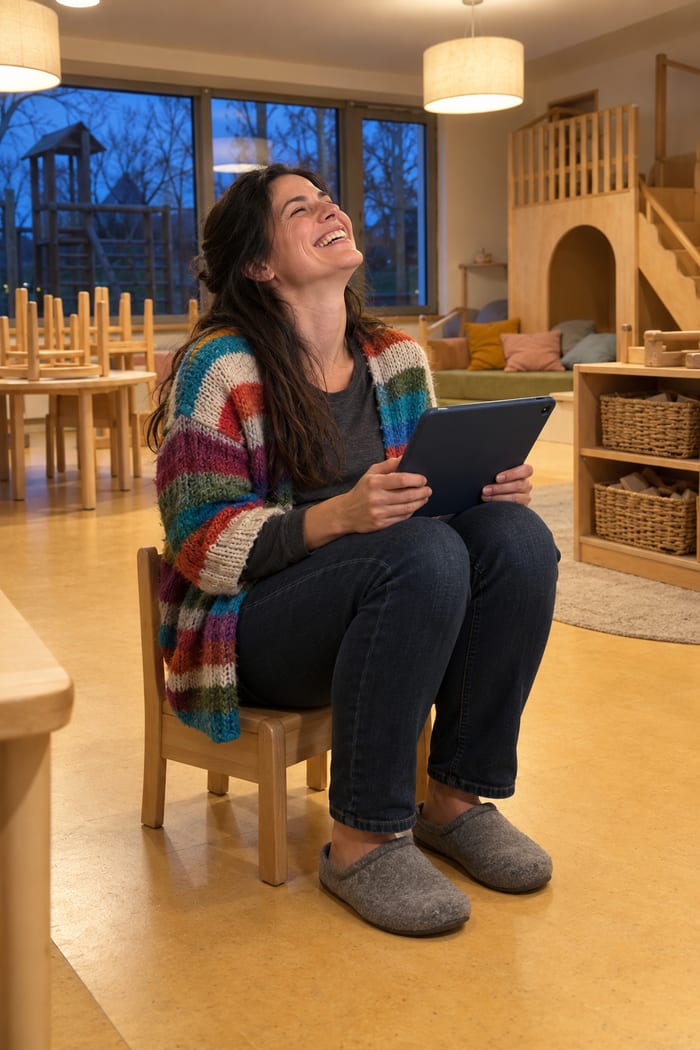 Kita-Leiterin in bunter Strickjacke sitzt nach Feierabend auf einem Kinderstuhl im leeren Gruppenraum und lacht befreit, das Tablet auf den Knien