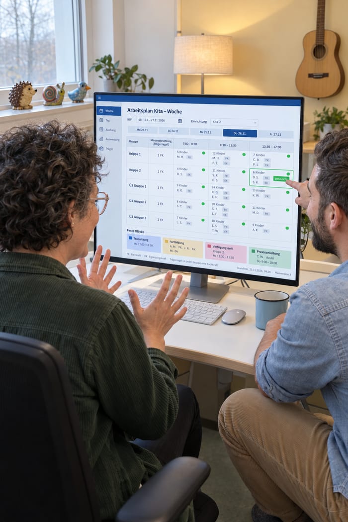Stellvertretende Kita-Leiterin und Erzieher freuen sich im Leitungsbüro am Monitor über den Arbeitsplan der Kita-Woche mit Gruppen, Zeitfenstern und Kinderzahl