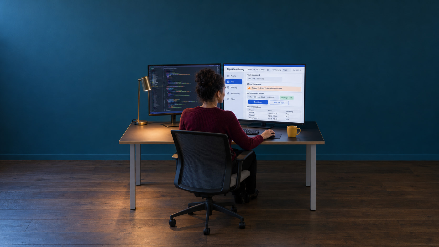 Softwareentwicklerin programmiert das Arbeitsplan-Programm, auf dem einen Monitor der Code, auf dem anderen die Tagesbesetzung einer Kita mit offenen Zeitfenstern und Vertretungsvorschlag