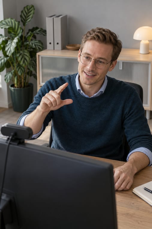 Formilo-Berater mit runder Metallbrille, petrolblauem Pullover und hellblauem Hemd erklärt im Online-Meeting vor seinem Monitor mit Webcam mit einer Handgeste, wie die individuelle Arbeitsplan-Vorlage entsteht