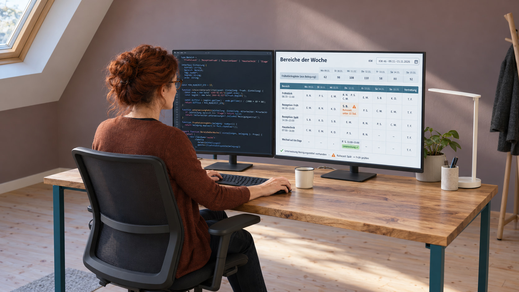Softwareentwicklerin mit kupferrotem Haar im Knoten, Brille und rostbrauner Strickjacke programmiert im Dachbüro die Arbeitsplan-Vorlage, rechts der Plan Bereiche der Woche für KW 46 mit Frühstücksgästen aus der Belegung, den Zeilen Frühstück, Rezeption Früh, Rezeption Spät, Haustechnik und Wechsel auf die Etage, Spalte Vertretung, einer Warnung Ruhezeit unter 11 Std. und dem Vermerk Unterweisung, links der TypeScript-Code