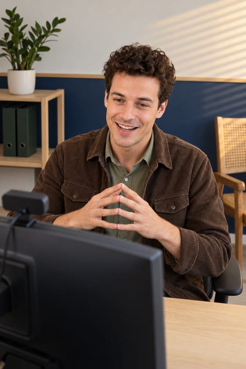 Formilo-Berater mit dunkelbraunen Locken, salbeigrünem Hemd und brauner Cordjacke führt im Online-Meeting vor seinem Monitor mit Webcam die Fingerspitzen zusammen und erklärt, wie der individuelle Arbeitsplaner entsteht, hinter ihm ein helles Holzregal mit Ordnern und einer Zimmerpflanze vor nachtblau-weißer Wand