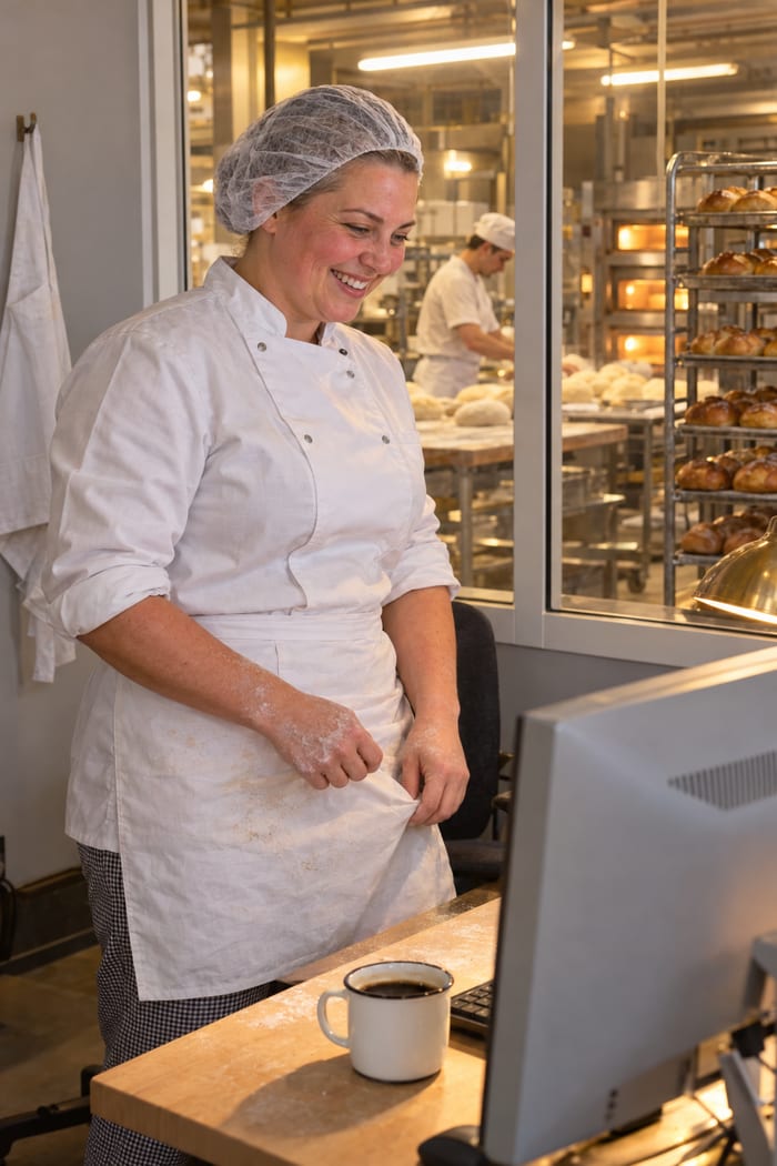 Bäckermeisterin mit Haarnetz, weißer Bäckerjacke und Schürze steht im verglasten Büro der Backstube, wischt sich die mehligen Hände an der Schürze ab und lächelt auf ihren Monitor, hinter der Scheibe ein Bäcker mit Mütze am Teigtisch, glühende Etagenöfen und ein Regalwagen mit frischem Gebäck