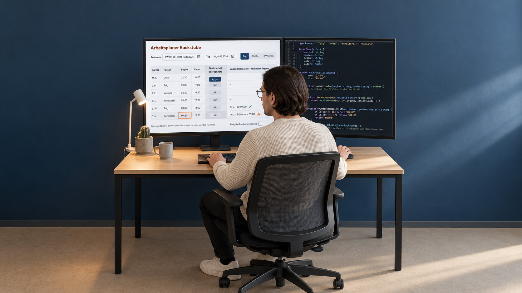 Softwareentwickler mit kinnlangem dunkelbraunem Haar, Brille und cremefarbenem Strickpullover programmiert den Arbeitsplaner, links der Arbeitsplaner Backstube für Dienstag, 01.12.2026 mit Posten, Beginn und Ende, berechneter Nachtarbeit und frühestem Beginn für Jugendliche, rechts der TypeScript-Code, am hellen Holztisch vor nachtblauer Wand