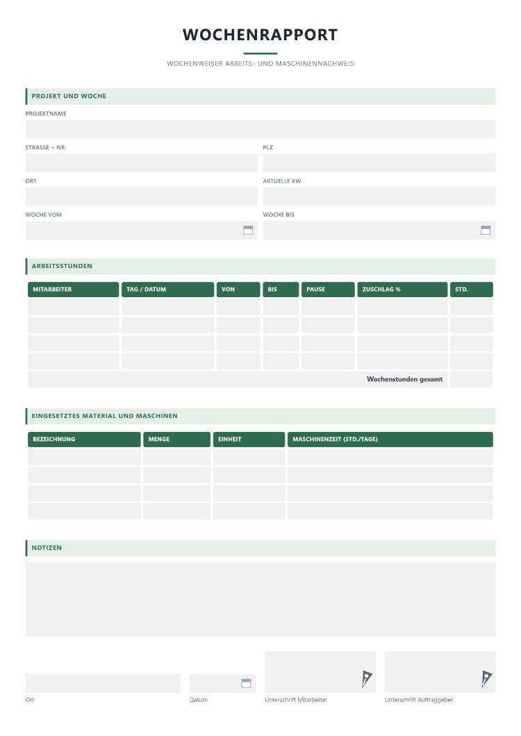 Arbeitsrapport als Wochenrapport