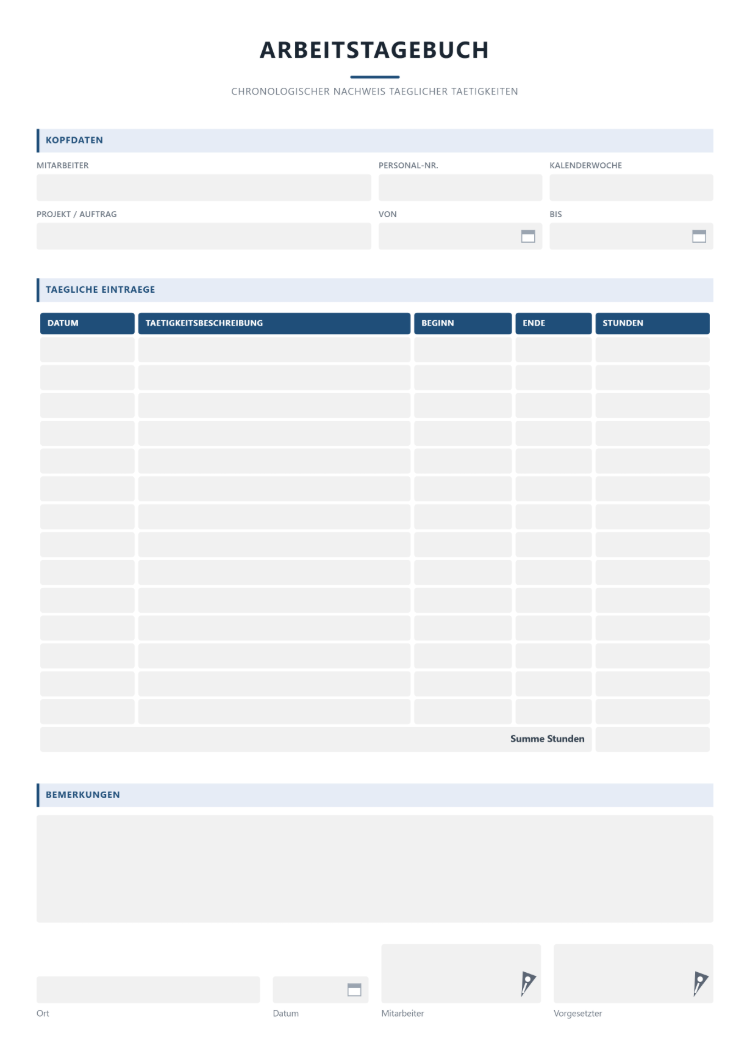 Arbeitstagebuch Vorlage