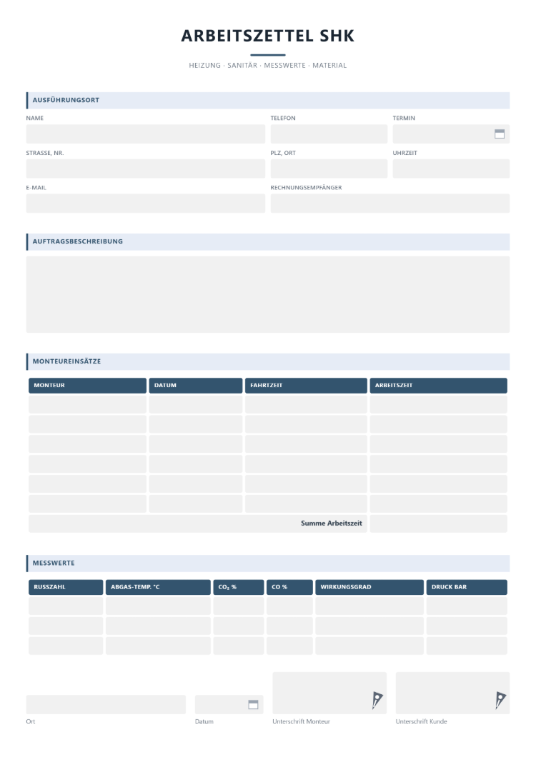 Arbeitszettel SHK