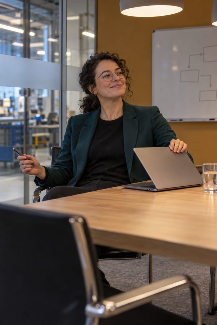 Interne Auditorin mit dunklen Locken, Brille und dunkelgrünem Blazer sitzt im Besprechungsraum mit Glaswand zur Fertigung, klappt den Laptop zu und lehnt sich lächelnd zurück, den Kugelschreiber noch in der Hand, hinter ihr ein Whiteboard mit Prozesspfeilen
