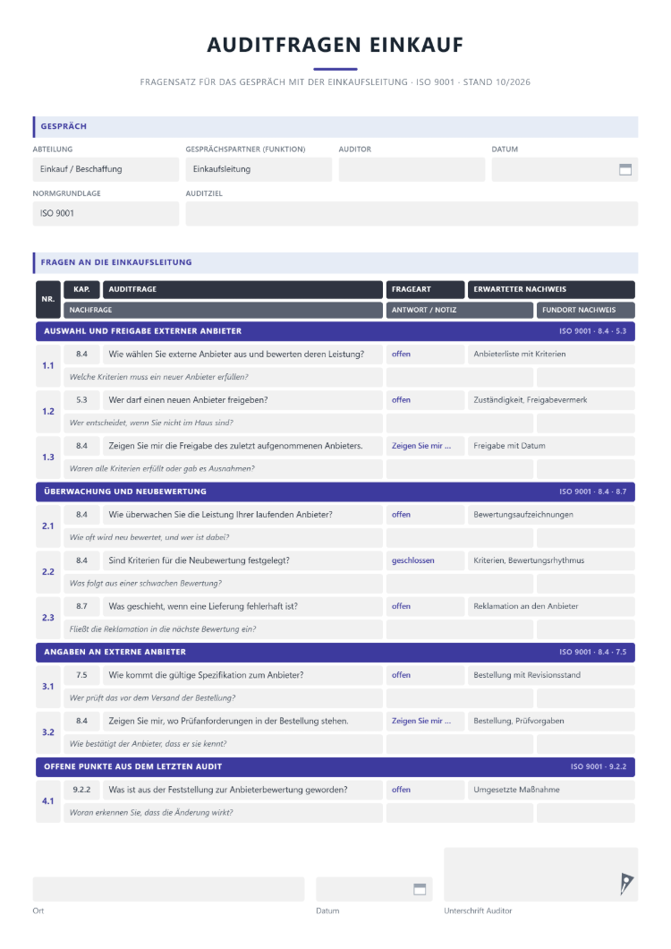 Auditfragen Einkauf als Fragensatz für das Gespräch mit der Einkaufsleitung nach ISO 9001: Kopf mit Abteilung Einkauf und Beschaffung, Gesprächspartner, Auditor, Datum, Normgrundlage und Auditziel, Fragen zu Auswahl und Freigabe externer Anbieter, Überwachung und Neubewertung, Angaben an externe Anbieter und offenen Punkten aus dem letzten Audit, je Frage mit Normkapitel, Frageart, erwartetem Nachweis, Nachfrage, Antwort oder Notiz und Fundort des Nachweises