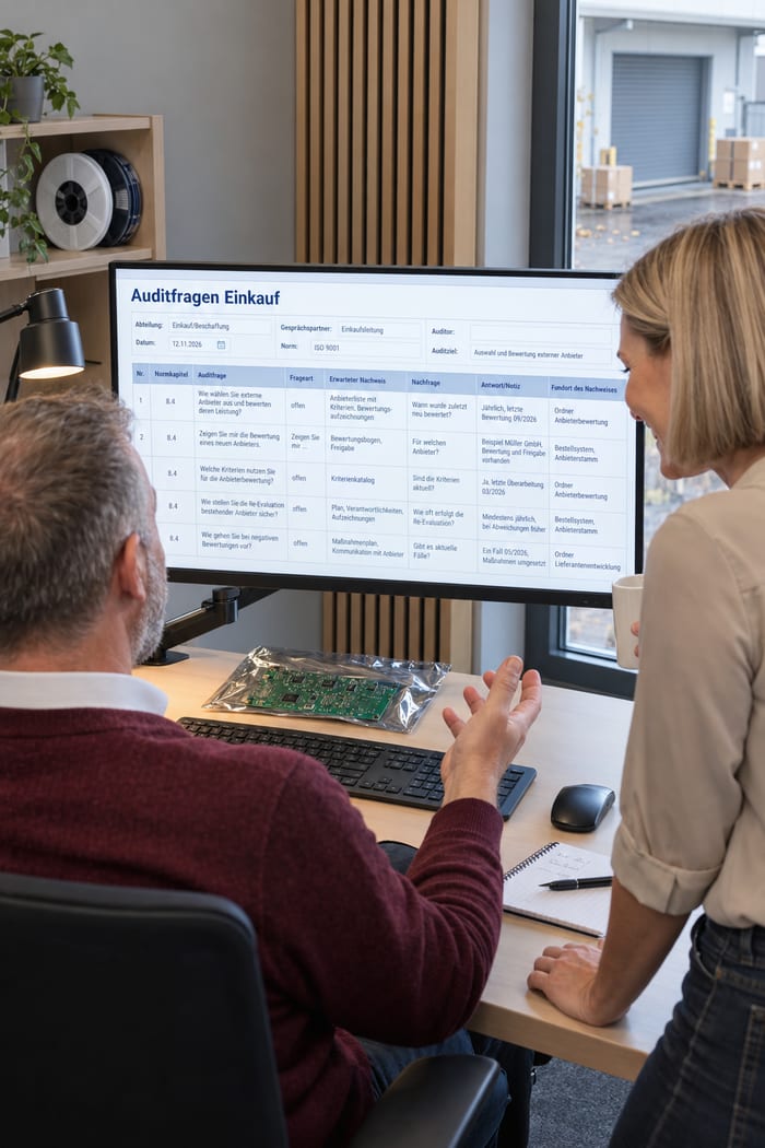 Mitarbeiterin und Kollege eines Elektronikherstellers gehen im Büro lächelnd die Auditfragen Einkauf am Monitor durch, mit Normkapitel, Auditfrage, Frageart, erwartetem Nachweis, Nachfrage und Fundort des Nachweises, auf dem Schreibtisch eine Leiterplatte, durchs Fenster der Blick auf die Laderampe