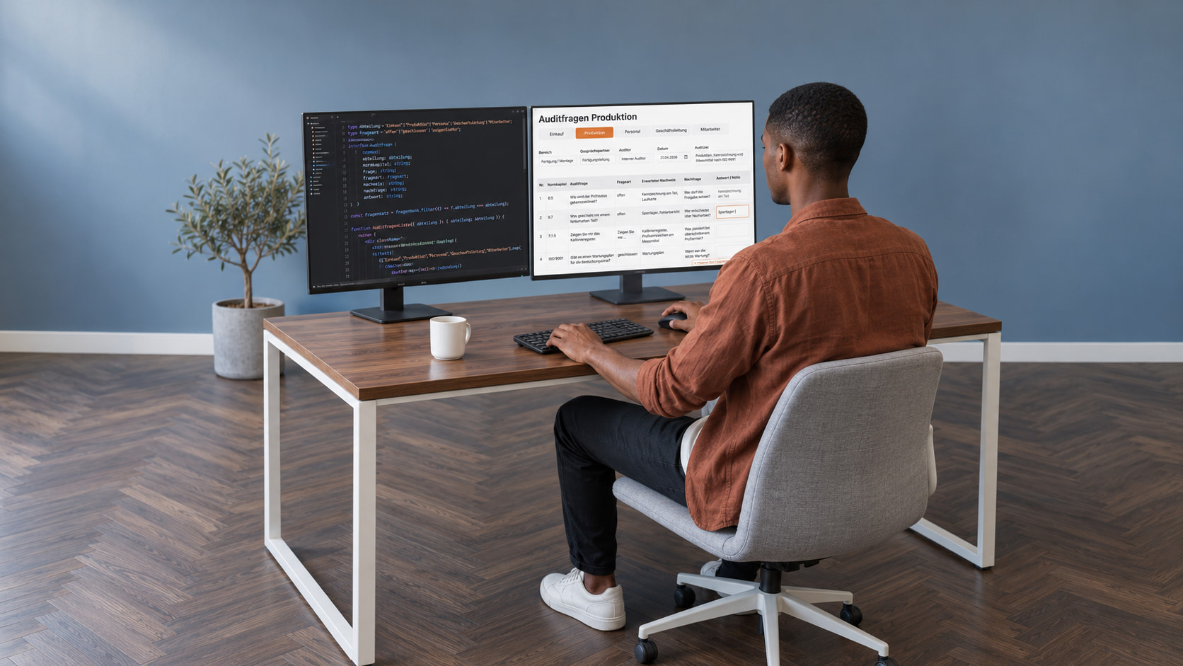 Entwickler im rostbraunen Hemd programmiert die Auditfragen Produktion: links der Code, rechts der Fragensatz für Fertigung und Montage mit Reitern für Einkauf, Produktion, Personal, Geschäftsleitung und Mitarbeiter, je Zeile Normkapitel, Auditfrage, Frageart, erwarteter Nachweis, Nachfrage und Antwort