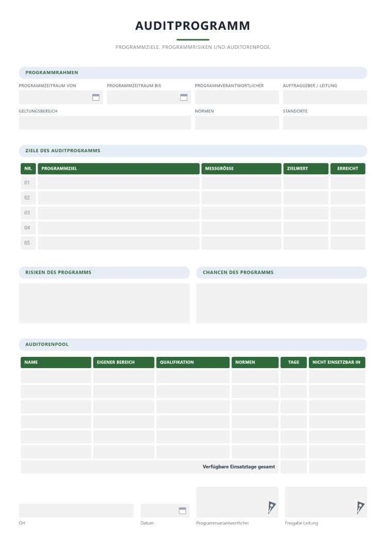 Auditprogramm mit Programmzielen und Auditorenpool