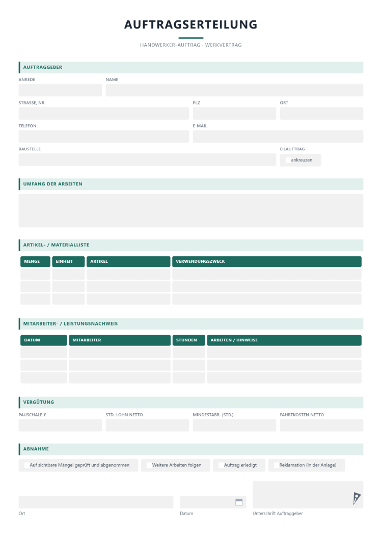 Handwerkerauftrag Muster