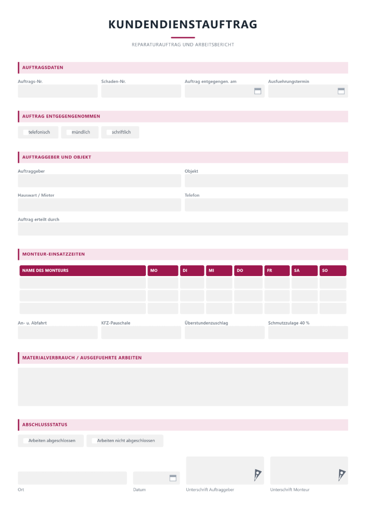 Kundendienstauftrag Formular