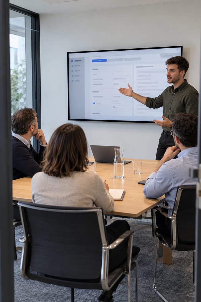 Formilo-Berater stellt einem Betriebsteam im Konferenzraum die Eingabemaske eines digitalen Auftragsblocks vor