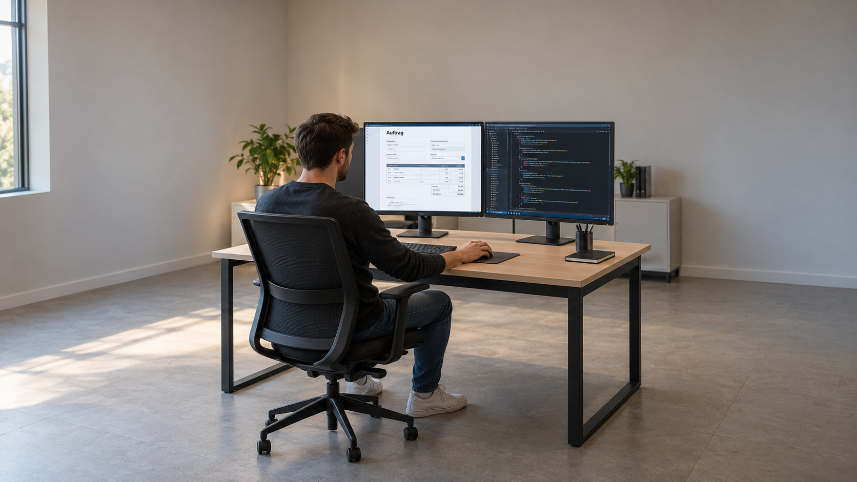 Entwickler setzt den digitalen Auftragsblock um, links das Auftragsformular, rechts der Programmcode