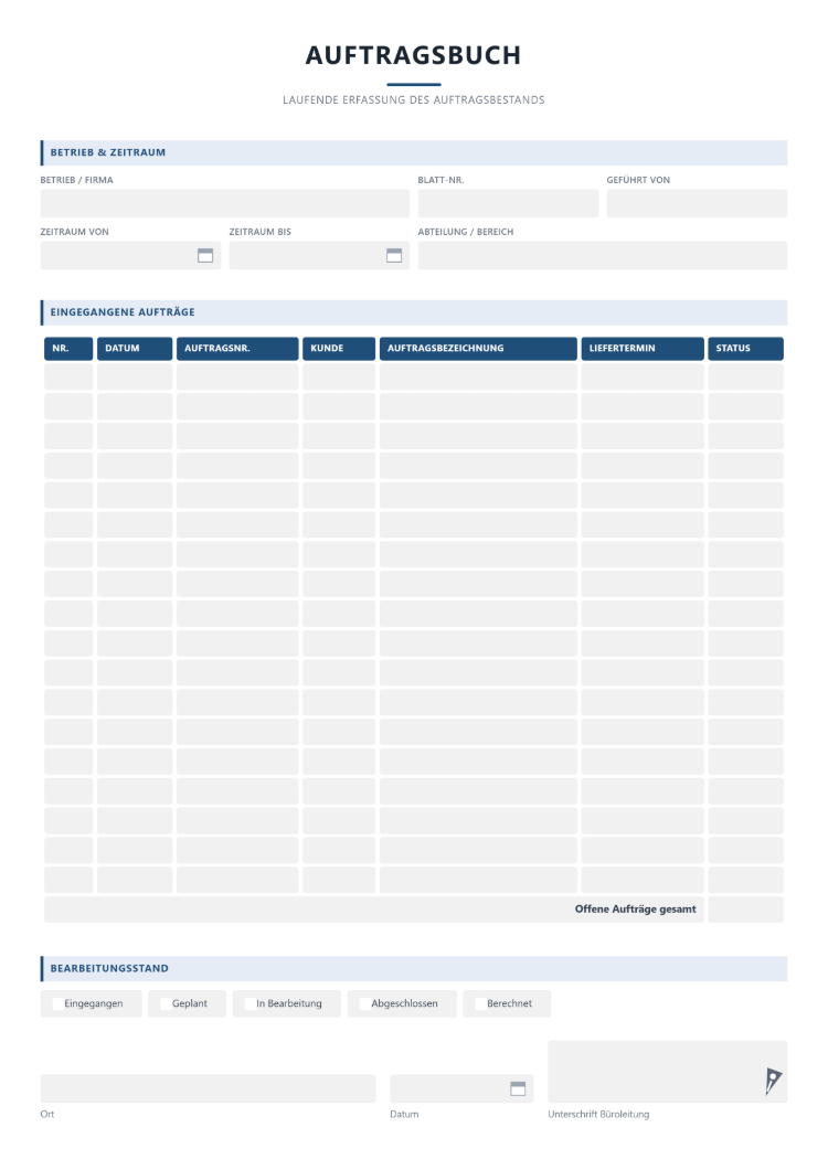 Auftragsbuch mit Status und Summen