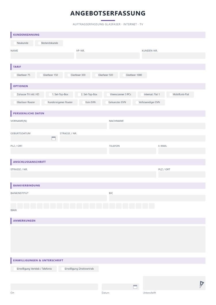 Angebotserfassung für Telekommunikation