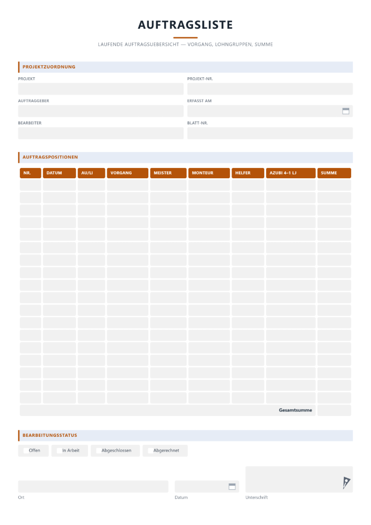 Auftragsliste als Excel-Vorlage