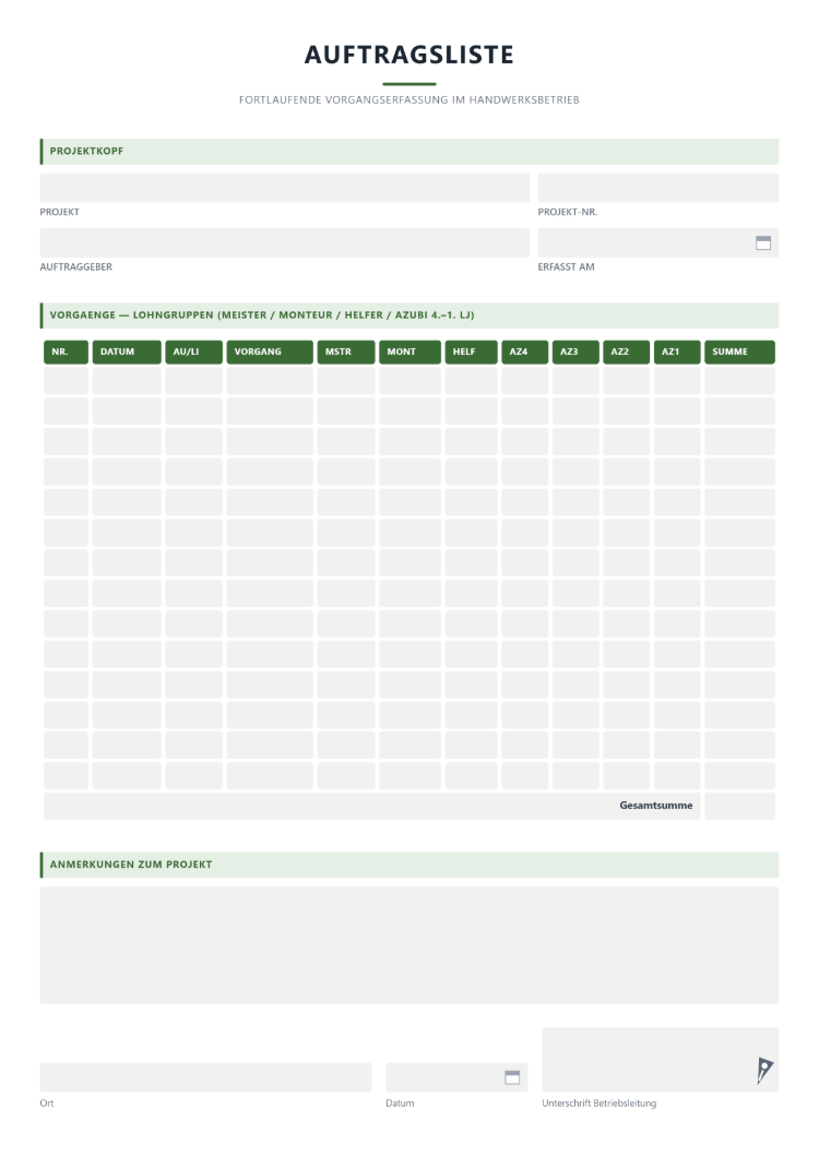 Auftragsliste für Handwerksbetriebe