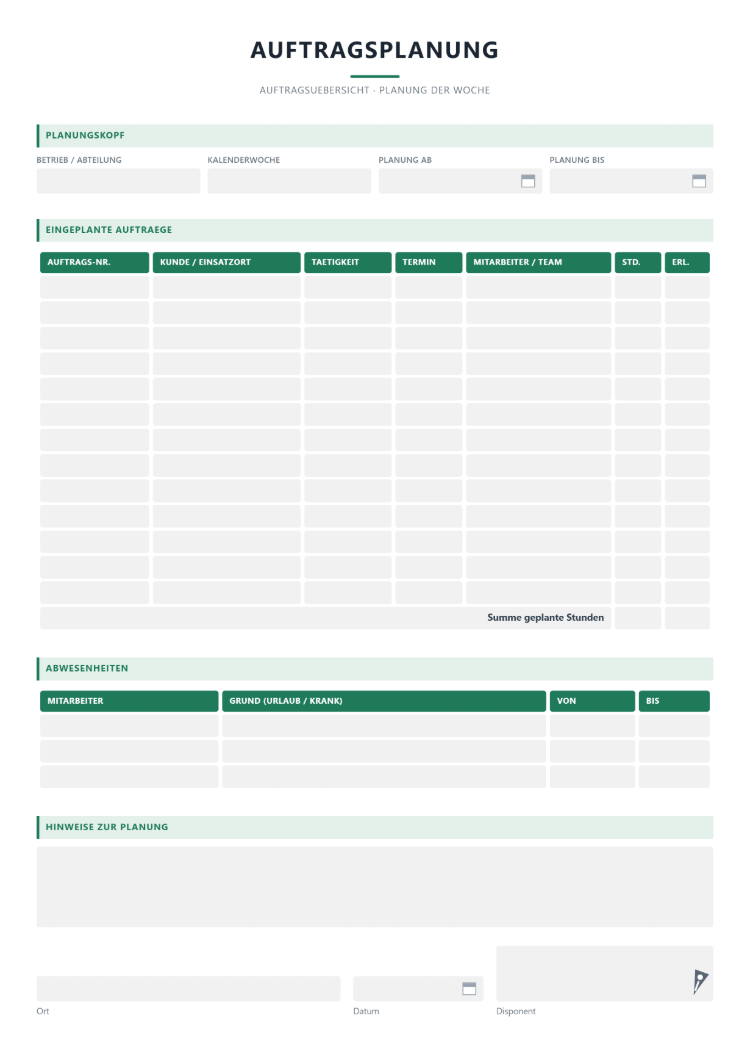 Auftragsplanung als Excel-Vorlage