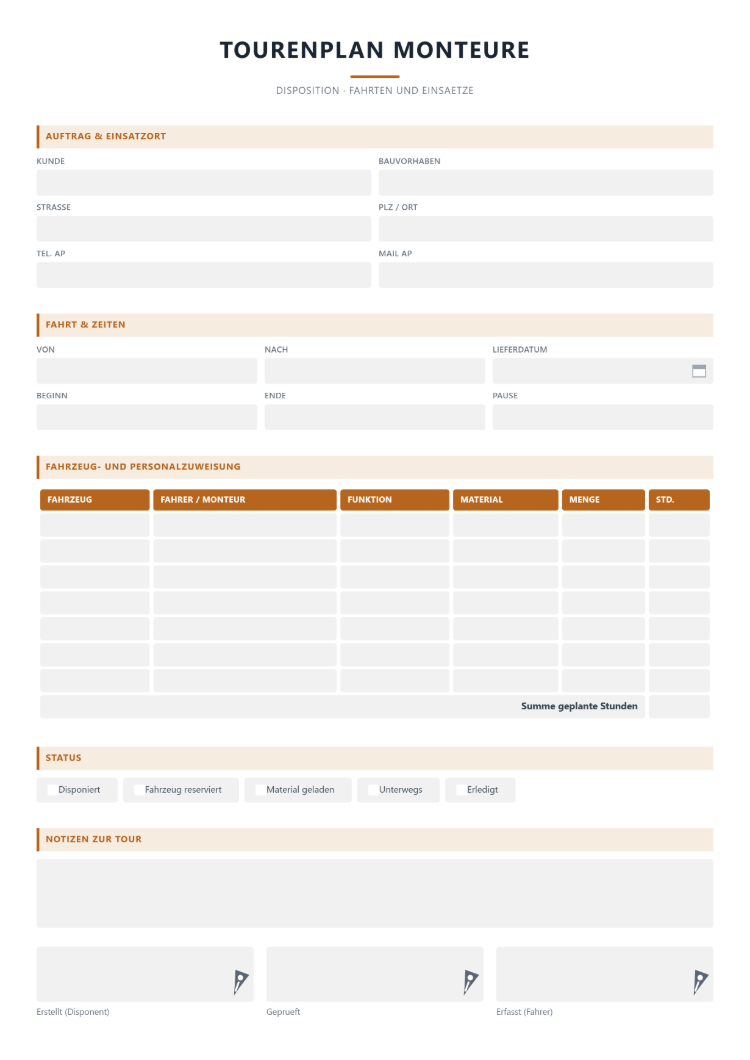 Tourenplan für Monteure