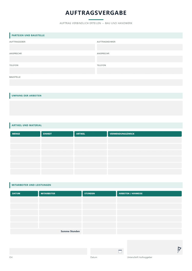 Auftragsvergabe als Formular für den Bau