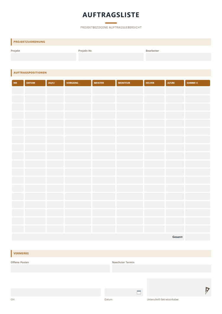 Auftragsliste mit Übersicht