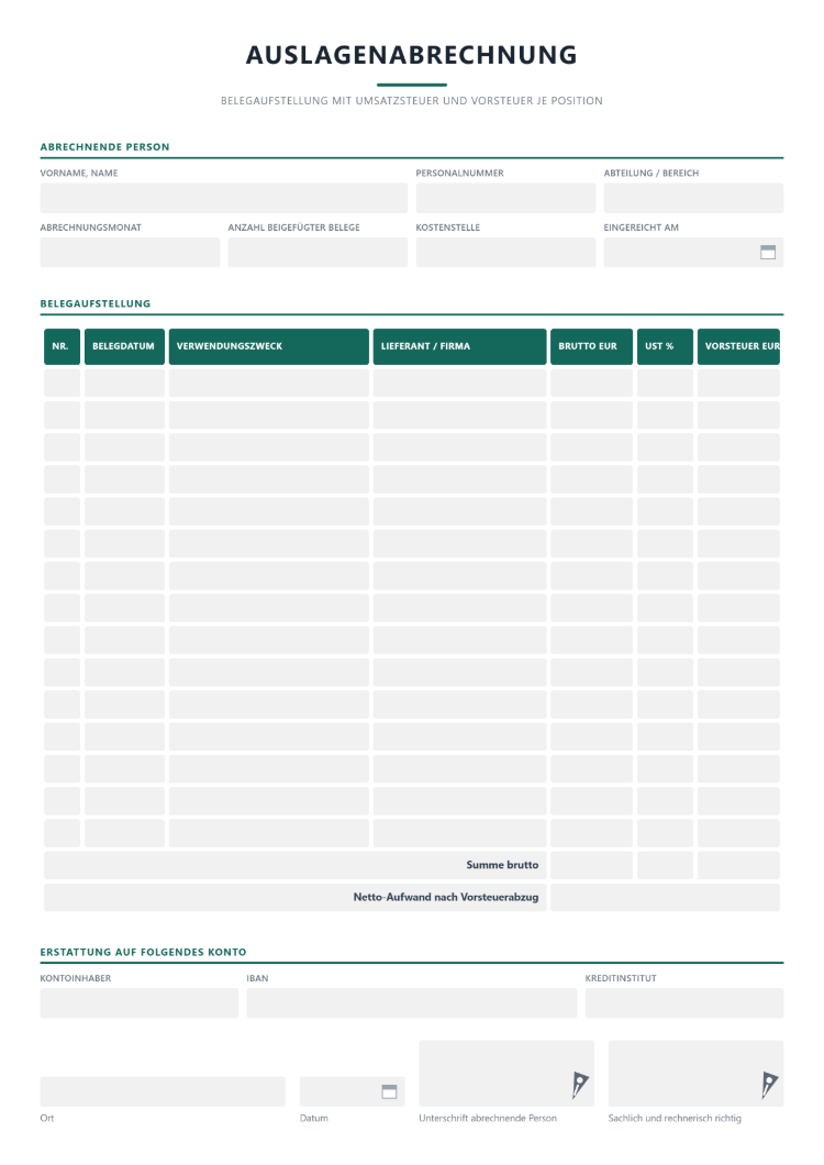 Auslagenabrechnung als Belegliste
