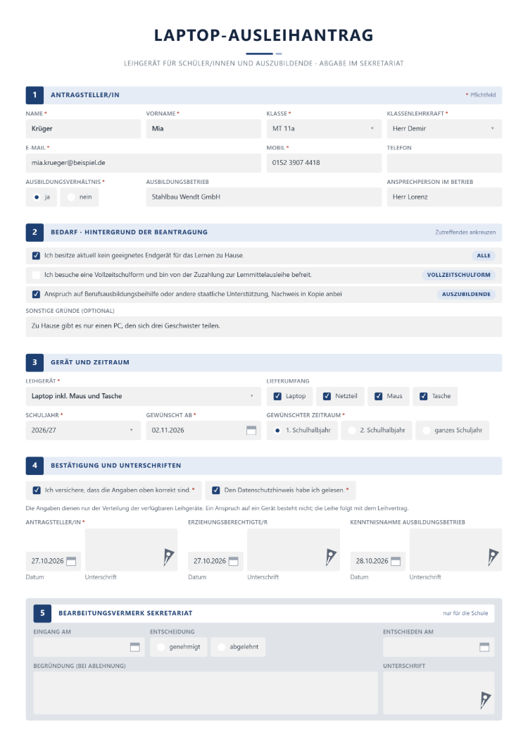 Laptop-Ausleihantrag für Schüler/innen und Auszubildende mit Klasse, Klassenlehrkraft und Ausbildungsbetrieb, Hintergrund der Beantragung zum Ankreuzen, Leihgerät mit Lieferumfang und Schulhalbjahr, Bestätigungen, drei Unterschriften und Bearbeitungsvermerk Sekretariat