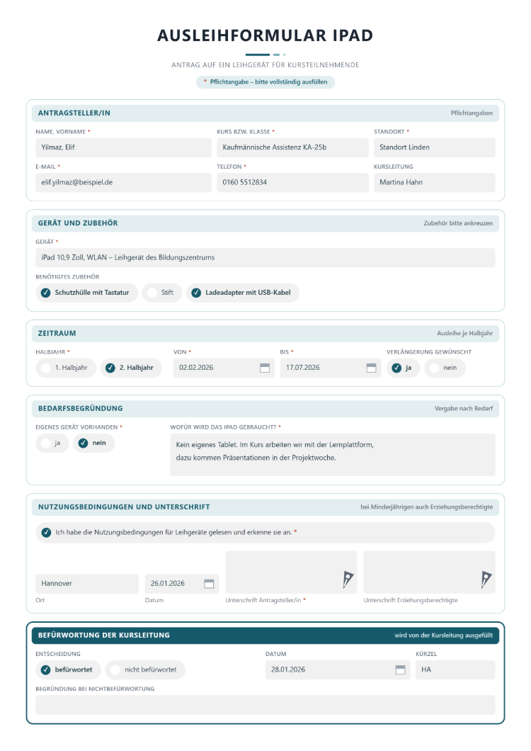 Ausleihformular iPad für Kursteilnehmende mit Antragsteller/in samt Kurs, Standort und Kursleitung, Gerät mit Zubehör zum Ankreuzen, Zeitraum je Halbjahr mit Verlängerungswunsch, Bedarfsbegründung, bestätigten Nutzungsbedingungen, Unterschriftsfeldern und Befürwortung der Kursleitung