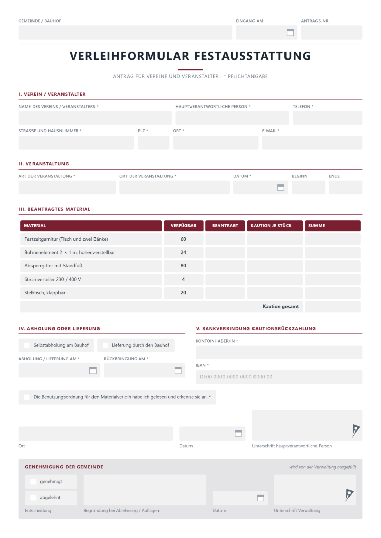 Verleihformular Festausstattung für Vereine und Veranstalter mit Veranstaltung, beantragtem Material mit verfügbarer Anzahl und Kautionsspalten, Abholung oder Lieferung, Bankverbindung für die Kautionsrückzahlung und Genehmigung der Gemeinde
