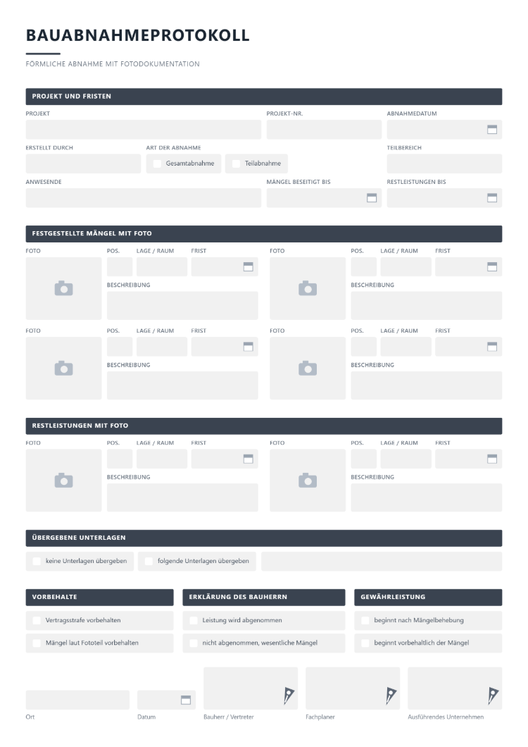 Bauabnahmeprotokoll mit Fotodokumentation: festgestellte Mängel und Restleistungen mit Foto, Lage, Frist sowie übergebene Unterlagen