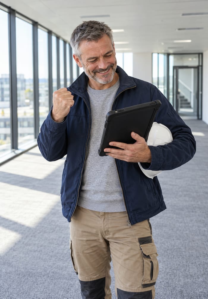 Bauleiter in einer bezugsfertigen Büroetage freut sich am Tablet über das fertige Bauabnahmeprotokoll, den Bauhelm unter dem Arm