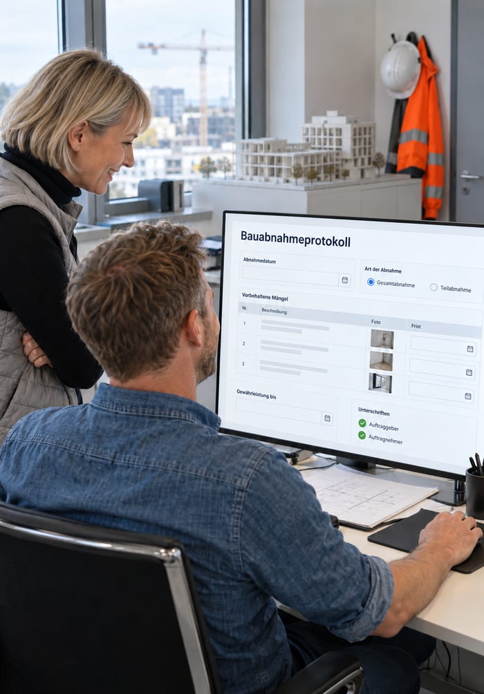 Bauleiter und Projektleiterin im Projektbüro eines Bauunternehmens sehen sich am Monitor das digitale Bauabnahmeprotokoll mit vorbehaltenen Mängeln und Fotos an