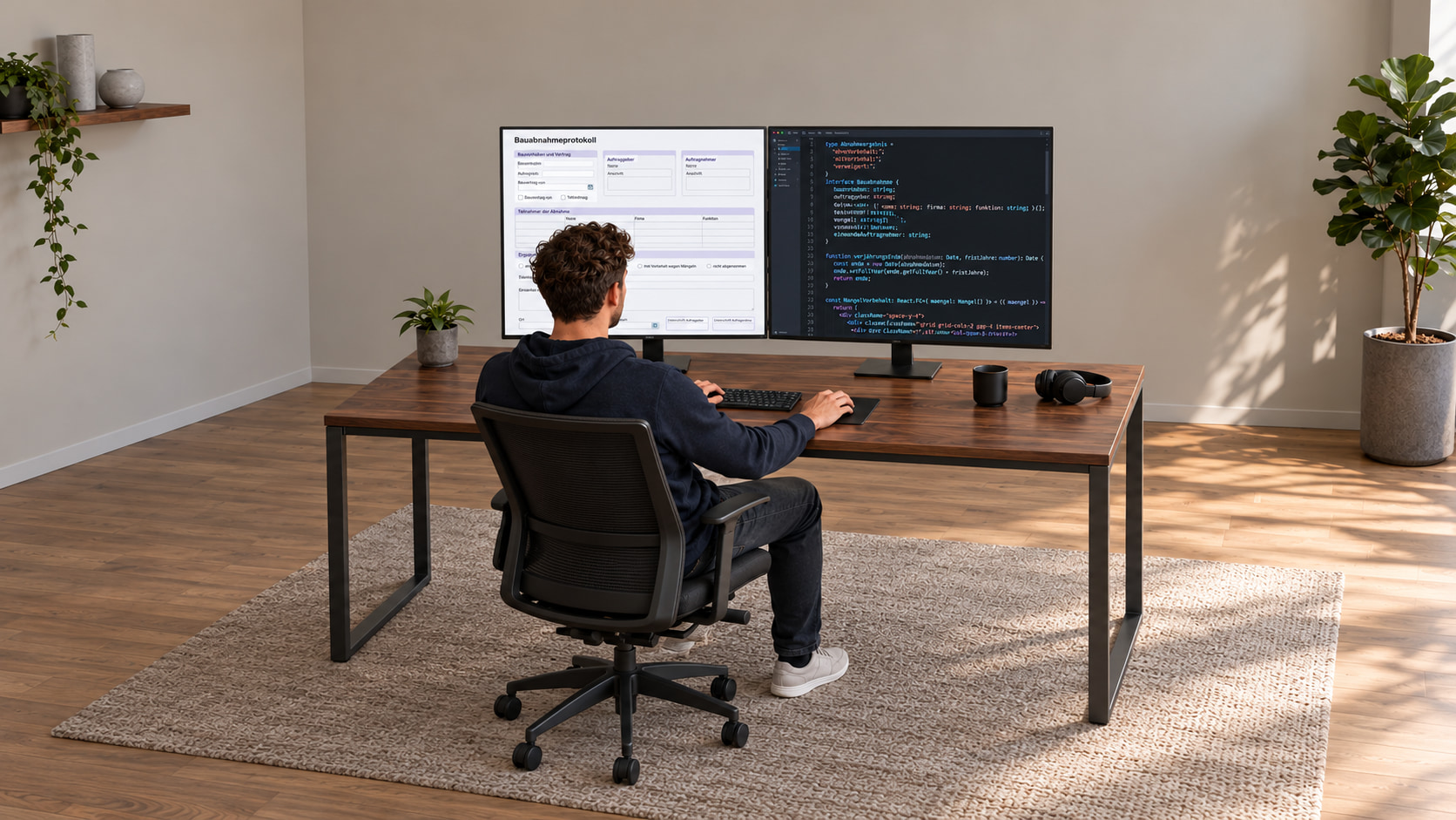 Entwickler programmiert das Bauabnahmeprotokoll, auf dem einen Monitor das Formular, auf dem anderen der Code