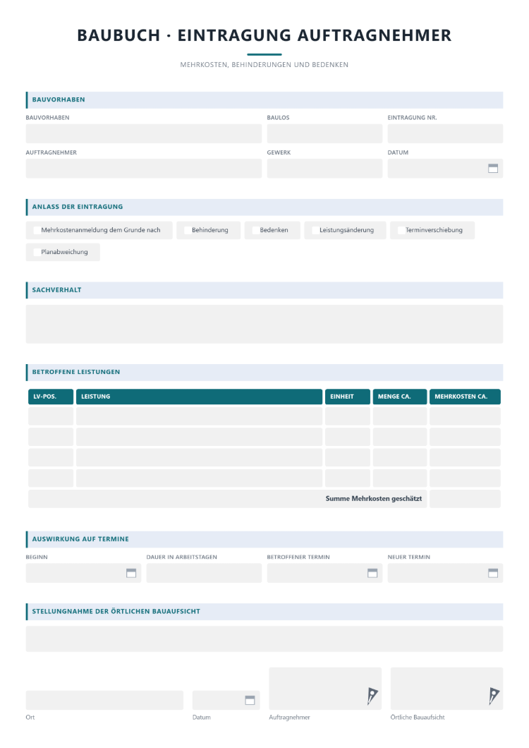 Baubuch als Formular für Eintragungen des Auftragnehmers