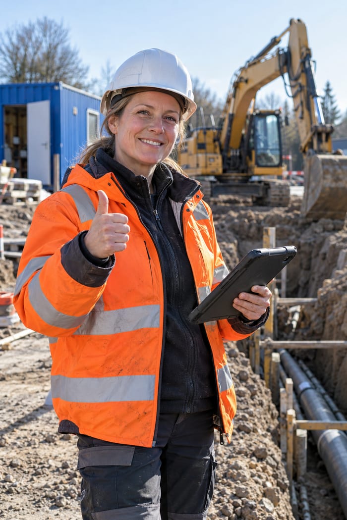 Örtliche Bauaufsicht auf der Tiefbau-Baustelle mit digitalem Baubuch auf dem Tablet