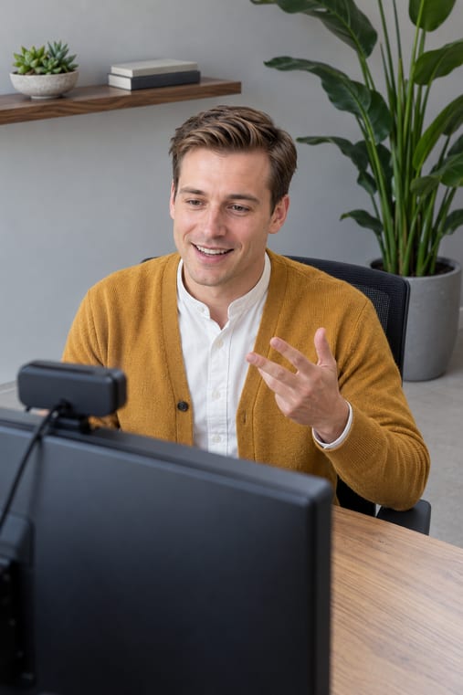 Formilo-Berater erklärt im Online-Meeting, wie die Bautagebuch-App für einen Dachdeckerbetrieb entsteht