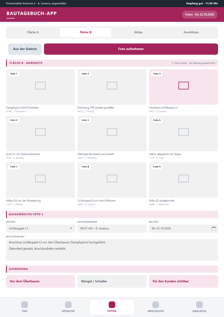 Fotoansicht der Bautagebuch-App je Dachfläche mit neun Fotos samt Uhrzeit und Person, ausgewähltem Foto der Lichtkuppel mit Beschreibung und Zuordnung vor dem Überbauen