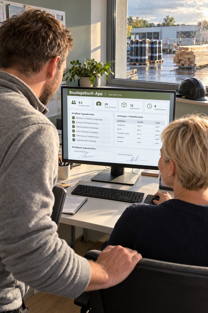 Bürokraft und Bauführer eines Dachdeckerbetriebs am Monitor mit dem Tagesabschluss der Bautagebuch-App, im Fenster der Betriebshof mit Dachbahnrollen und Kanthölzern