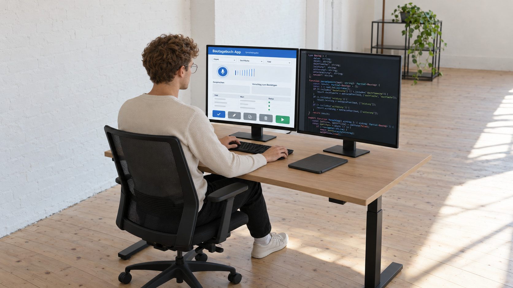 Softwareentwickler programmiert die Bautagebuch-App: links die Spracheingabe mit Mikrofon und Vorschlag zum Bestätigen, rechts der Code, daneben ein Tablet in Schutzhülle