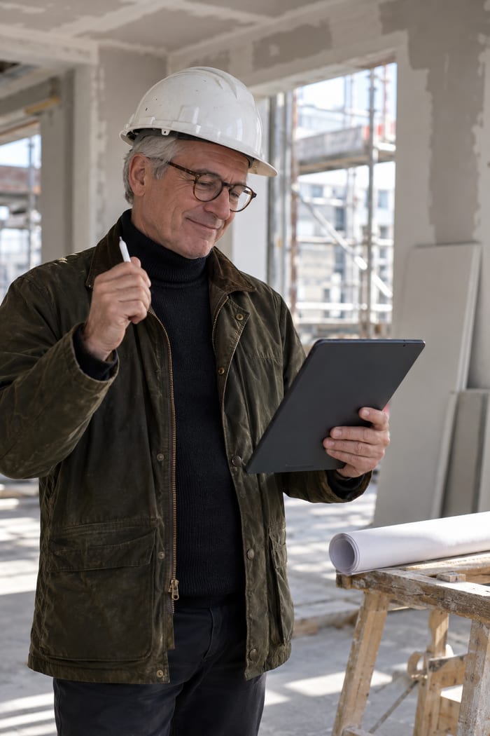 Architekt mit weißem Helm und Hornbrille steht im Ausbaugeschoss eines Mehrfamilienhauses, lächelt zufrieden und hebt den Eingabestift über seinem Tablet
